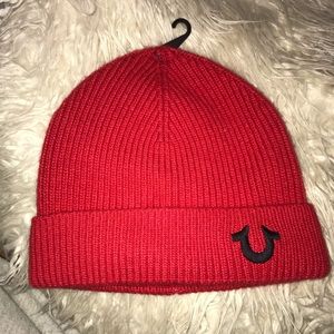 Red woven true religion beanie